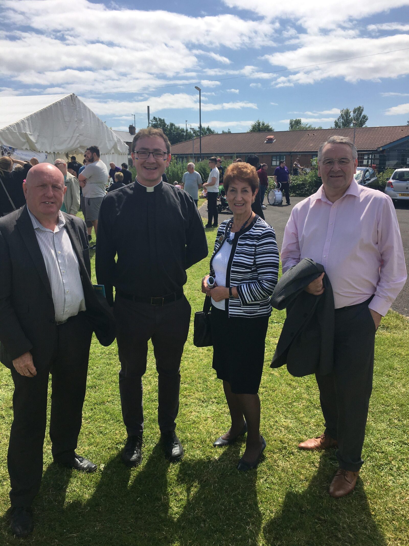 Alan Campbell with Father Tony Curtis, Mayor Norma Redfearn and Cllr Brian Burdis at the Shiremoor Treat 2019